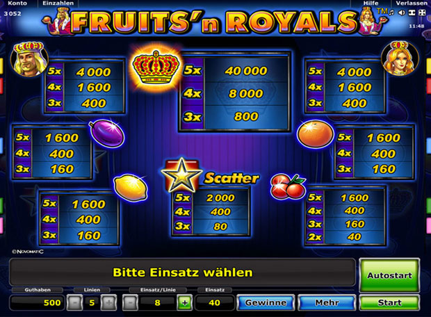 Fruits and Royals Paytable